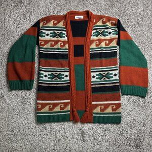 Vintage 70s Pandora Southwestern Knit Cardigan Sweater Red Black Green Aztec‎